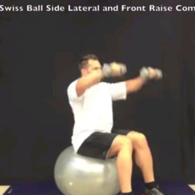 Alternating Lateral And Front Dumbell Raises On Stability Ball. by